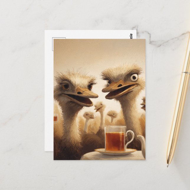 Surreal Ostrich Teatime Postcard (Front/Back In Situ)