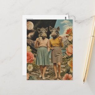 Surreal pair of pig ladies breakfast collage postcard