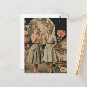 Surreal pair of rabbit ladies breakfast collage postcard