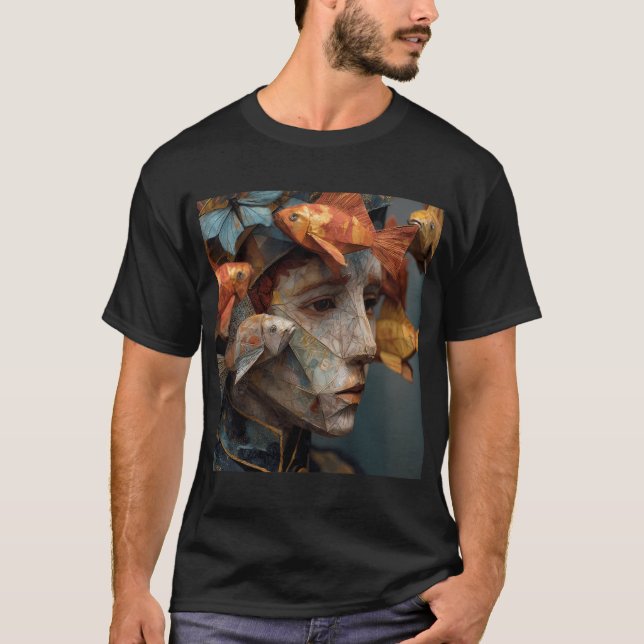 Surreal Paper Man, Fish, and Moth T-Shirt (Front)