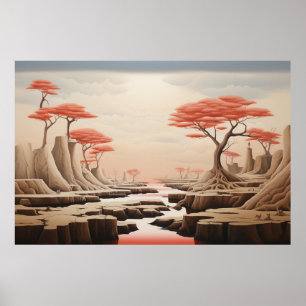Surreal Pastel Fantasy Landscape   Dreamlike Red Poster