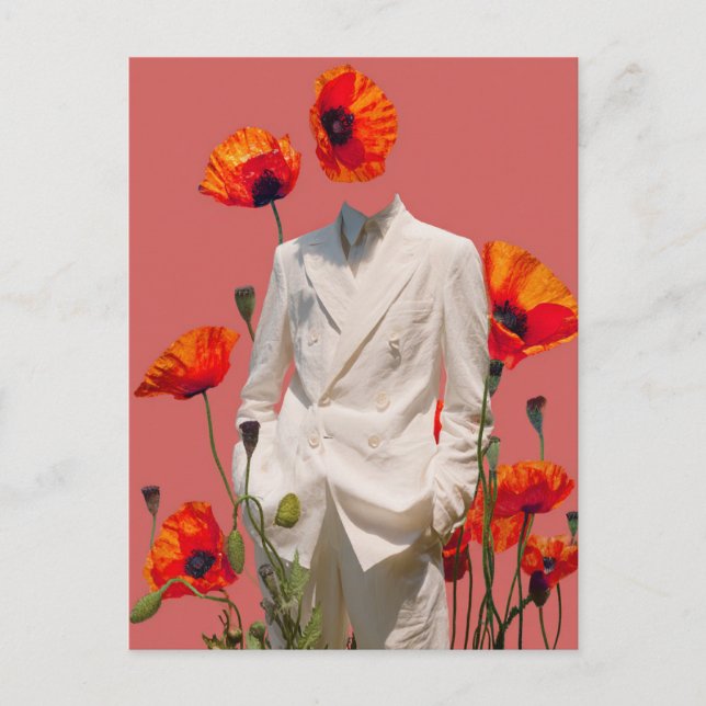 Surreal Person and Red Flowers Mixed Media Collage Postcard (Front)