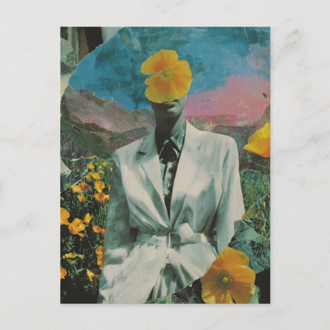 Surreal Person in Yellow Poppy Flowers Collage Postcard (Front)
