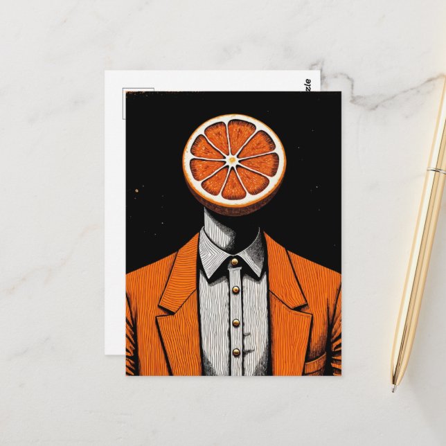 Surreal Person with an Orange for a Head Postcard (Front/Back In Situ)