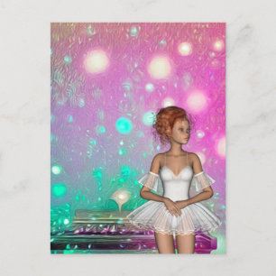 Surreal Piano Green & Pink Background & Ballerina Postcard