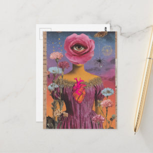 Surreal Pink Flower Lady collage Postcard