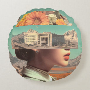 Surreal Portrait with Architectural Landscape Round Cushion