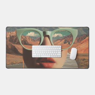 Surreal Portrait With Glasses Reflecting Desert Desk Mat