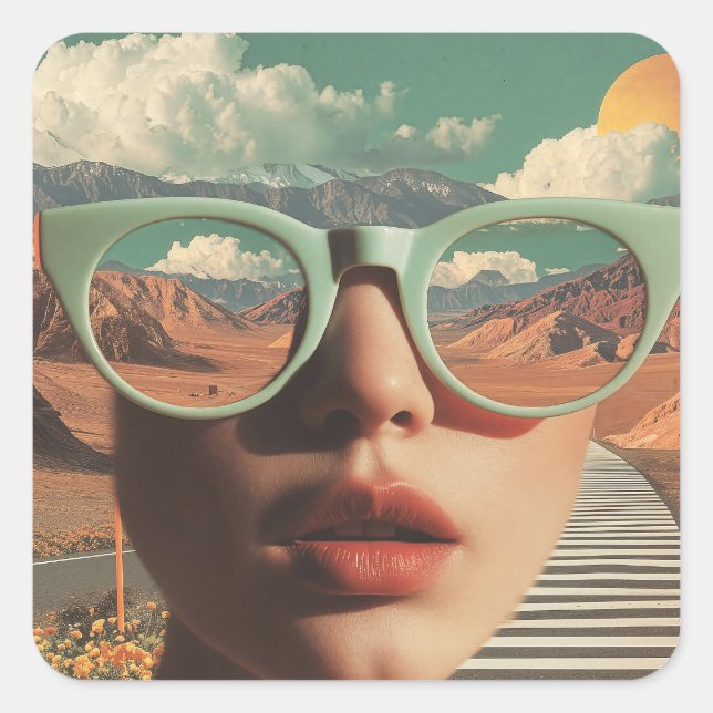 Surreal Portrait With Glasses Reflecting Desert Square Sticker (Front)