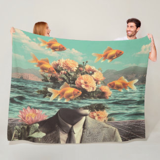 Surreal Portrait With Goldfish Flowers And Ocean Fleece Blanket