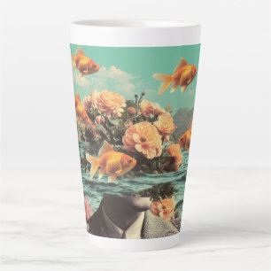 Surreal Portrait With Goldfish Flowers And Ocean Latte Mug