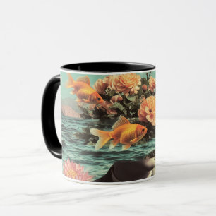 Surreal Portrait With Goldfish Flowers And Ocean Mug