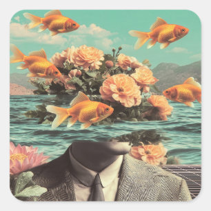 Surreal Portrait With Goldfish Flowers And Ocean Square Sticker