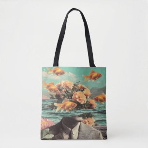 Surreal Portrait With Goldfish Flowers And Ocean Tote Bag