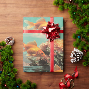 Surreal Portrait With Goldfish Flowers And Ocean Wrapping Paper