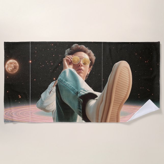 Surreal Portrait with Space Background and Planets Beach Towel (Front)