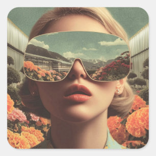 Surreal Portrait With Sunglasses Reflecting Flower Square Sticker