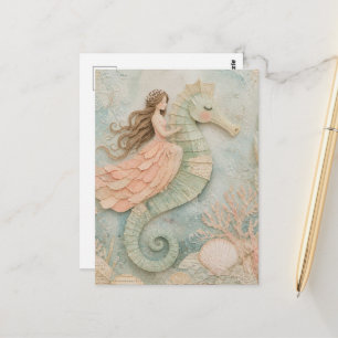 Surreal Princess and Seahorse Fantasy Collage Postcard