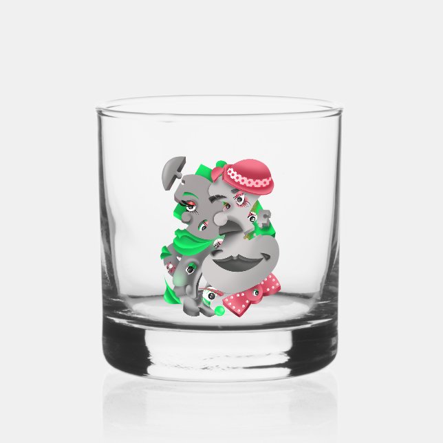 Surreal Puzzle Faces Whiskey Glass (Front)