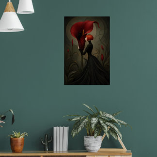 Surreal Red Calla Lily Woman Black Cat Gothic Poster