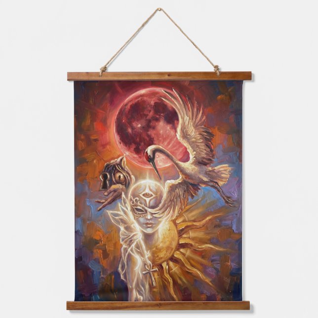 Surreal Red Moon & Crane Canvas Art – Symbolic Fan Hanging Tapestry (Front)