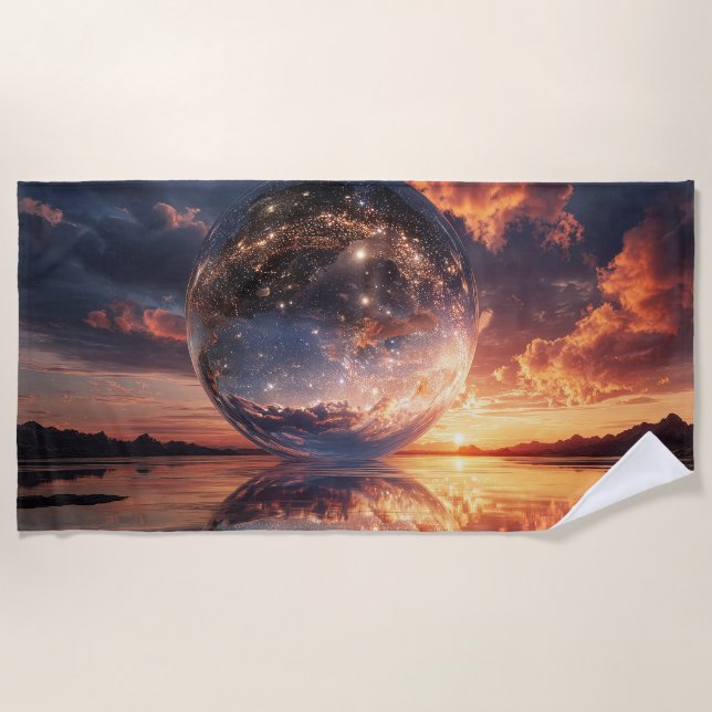 Surreal Reflective Sphere Containing Stars Beach Towel (Front)