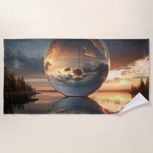 Surreal Reflective Sphere With Sunset Clouds Over Beach Towel
