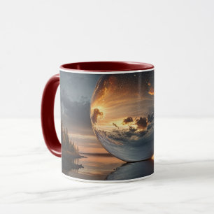 Surreal Reflective Sphere With Sunset Clouds Over Mug