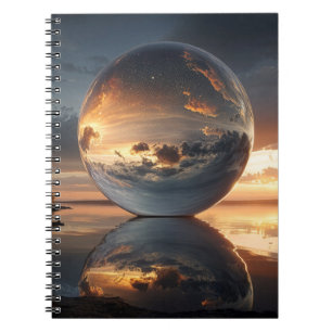 Surreal Reflective Sphere With Sunset Clouds Over Notebook