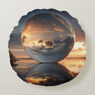 Surreal Reflective Sphere With Sunset Clouds Over  Round Cushion