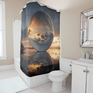 Surreal Reflective Sphere With Sunset Clouds Over Shower Curtain