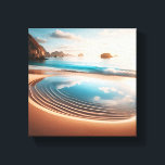 Surreal Reflective Tide Pool on Golden Sand Beach Canvas Print<br><div class="desc">A mesmerizing and surreal digital landscape featuring a perfectly circular, reflective tide pool on a smooth golden sand beach. The pool acts as a mirror, reflecting the soft blue sky and fluffy white clouds, while gentle turquoise waves roll in the background under a warm, hazy sun. Ideal for tranquil wall...</div>