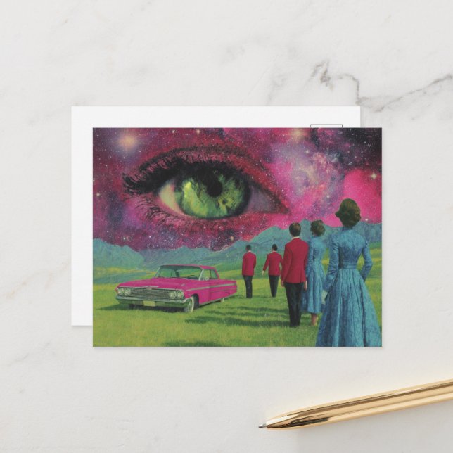 Surreal Retro People and Car with a Green Eye Postcard (Front/Back In Situ)
