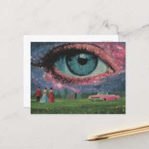 Surreal Retro People and Car with an Eye in Sky Postcard
