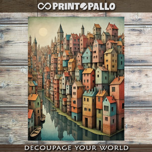 Surreal river city landscape in pastel tones  tissue paper