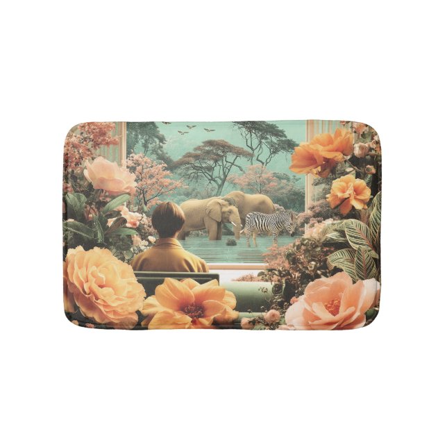 Surreal Safari Scene With Elephants Zebras Bath Mat (Front)