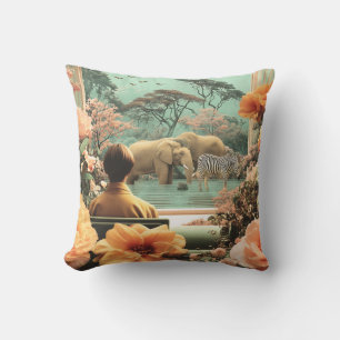 Surreal Safari Scene With Elephants Zebras Cushion