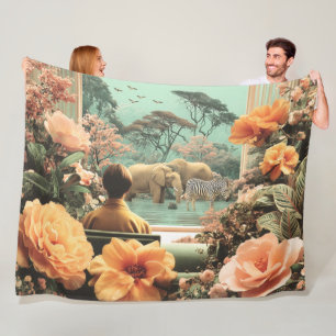 Surreal Safari Scene With Elephants Zebras Fleece Blanket