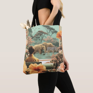 Surreal Safari Scene With Elephants Zebras Tote Bag