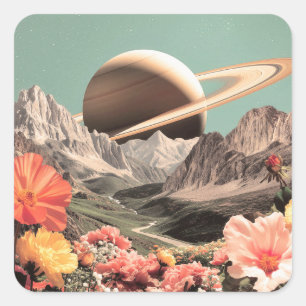 Surreal Saturn Over Mountain Valley Square Sticker