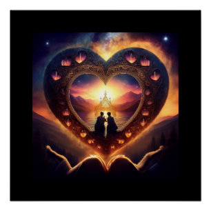 Surreal Scene With Loving Couple Resting On Heart  Poster