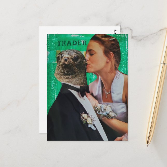 Surreal Seal Prom Date Mixed Media Collage Postcard (Front/Back In Situ)