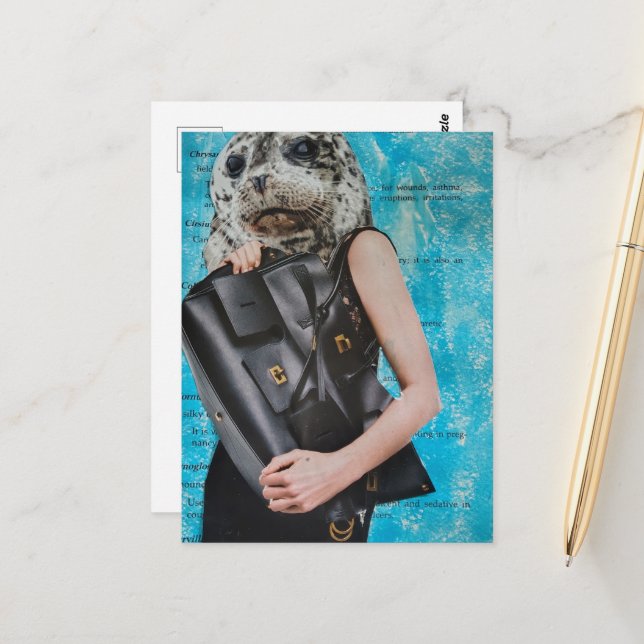 Surreal Seal With a Giant Black Purse Postcard (Front/Back In Situ)