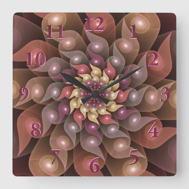 Surreal Shiny Flower Modern Abstract Fractal Art Square Wall Clock (Front)