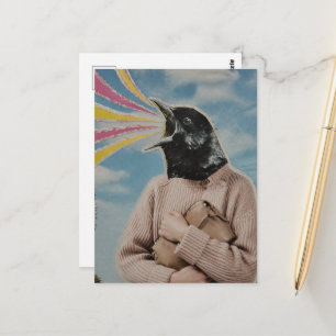 Surreal Singing Blackbird Collage Postcard