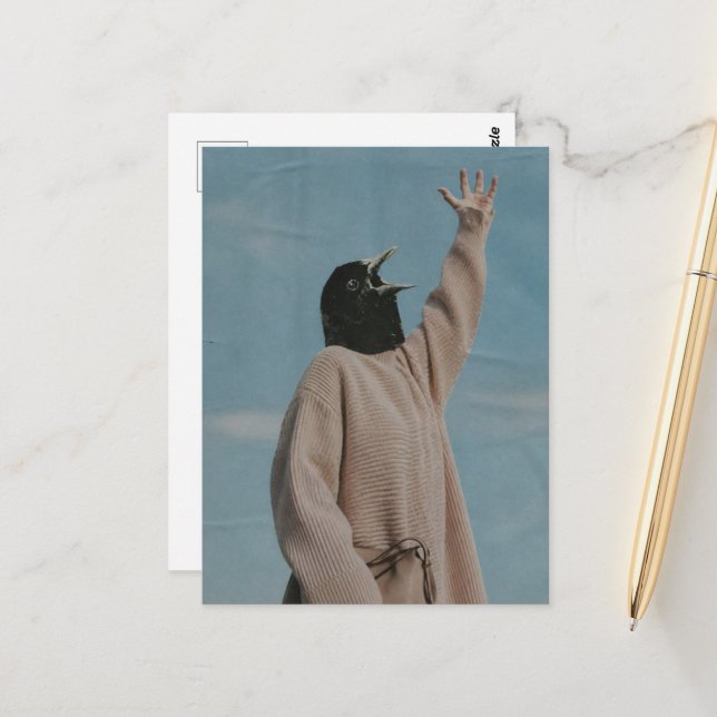 Surreal Singing Blackbird Collage Postcard (Front/Back In Situ)