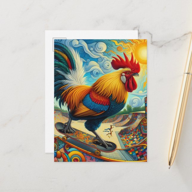 Surreal Skateboarding Rooster Postcard (Front/Back In Situ)