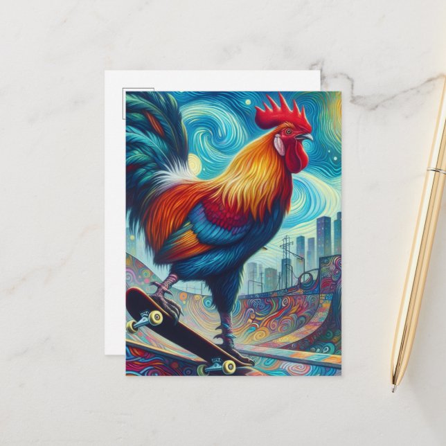 Surreal Skateboarding Rooster Postcard (Front/Back In Situ)