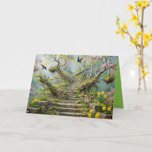 Surreal Springtime Stairway Swallows Wildflowers Card