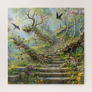 Surreal Springtime Stairway Swallows Wildflowers Jigsaw Puzzle